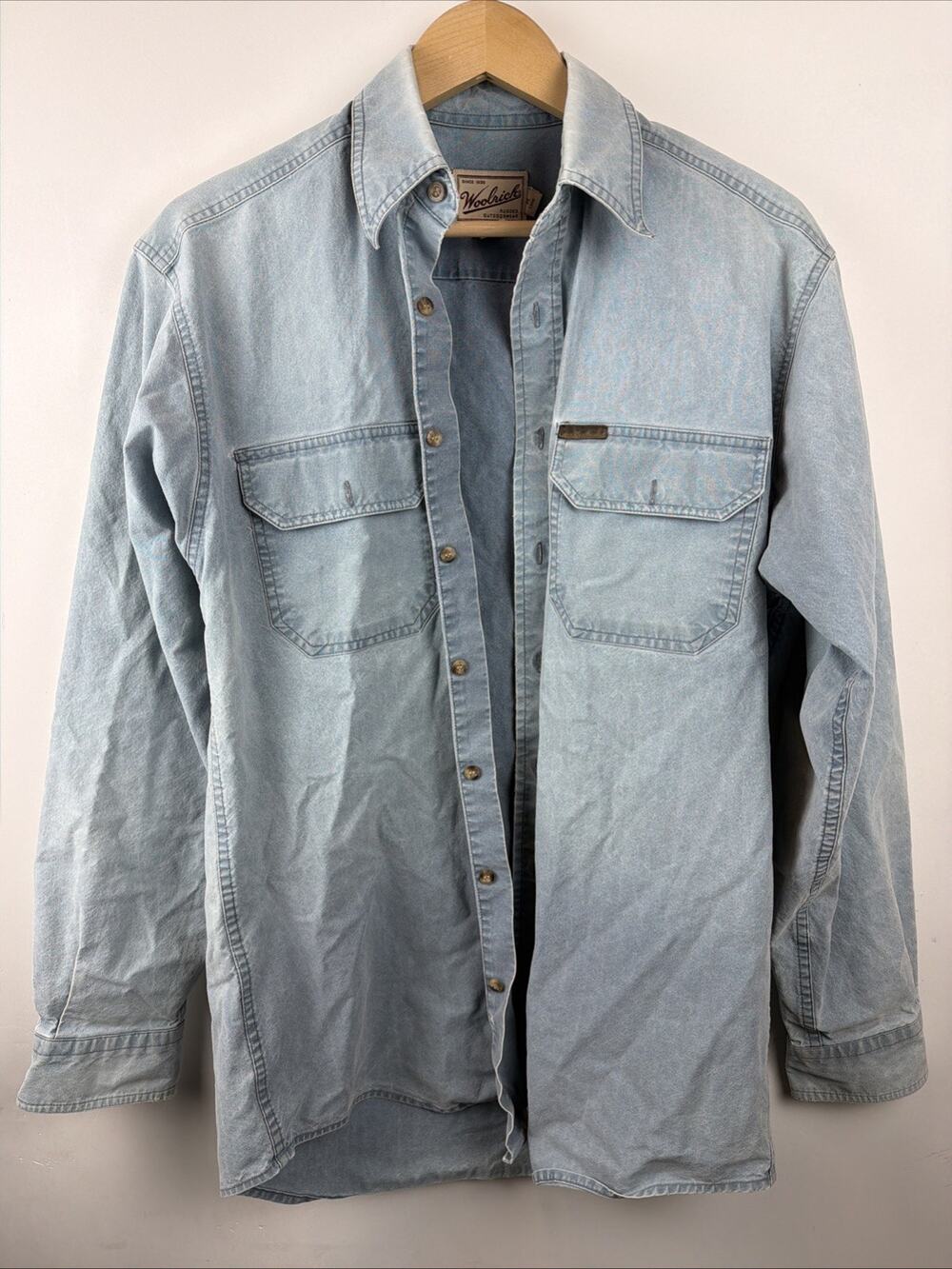 Woolrich Shirt Men M Long Faded Blue Canvas Button Up Outdoor Rugged Outdoorwear